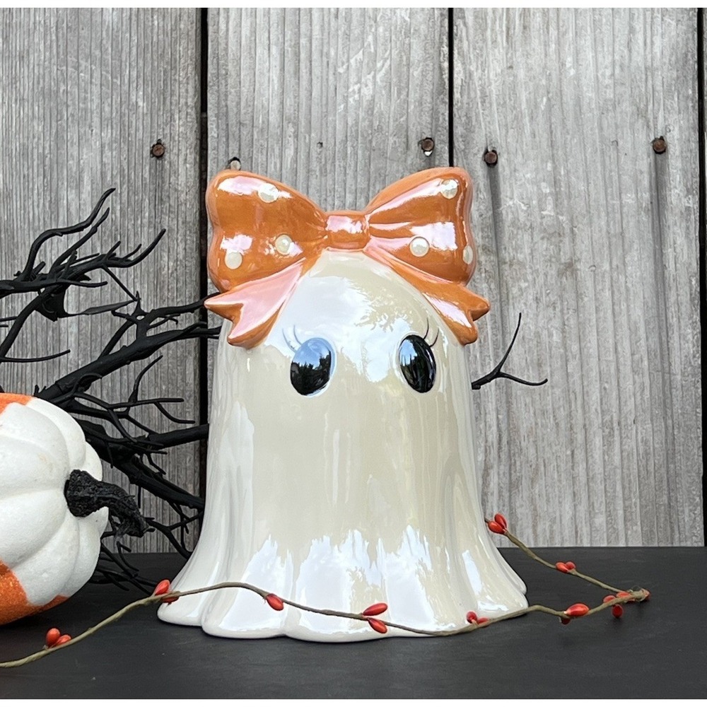 Viral Ghost With Orange & White Polka Dot Bow Halloween Figurine 7.5 X 6" NEW - Picture 1 of 7